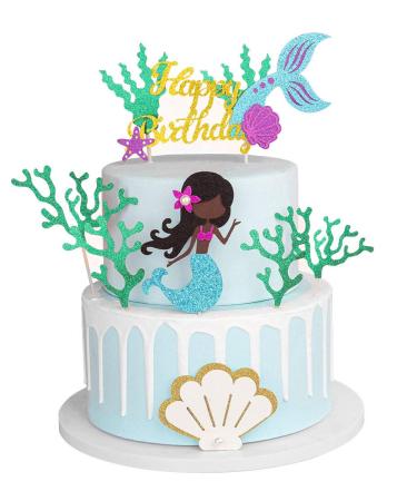 Glitter Mermaid Theme Birthday Cake Topper with Seaweed and Mermaid Cake Cupcake Toppers for Girls Mermaid Themed Birthday Cake Party Decorations. Black