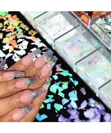 Holographic Nail Glitter Flakes | 12 Grids 3D Irregular Sequins | Shiny Gold & Silver Nail Art Supplies | Vintage Glitter for UV Gel Nails Design - Buy Online on SooperMarket.com