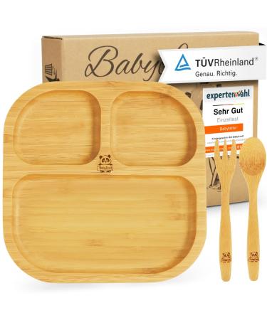 Babylovit children's plate with suction cup |Bamboo baby plate with suction cup |Certified children plates with baby cutlery |Complementary baby accessories |Ideal for Baby Led Weaning Brown