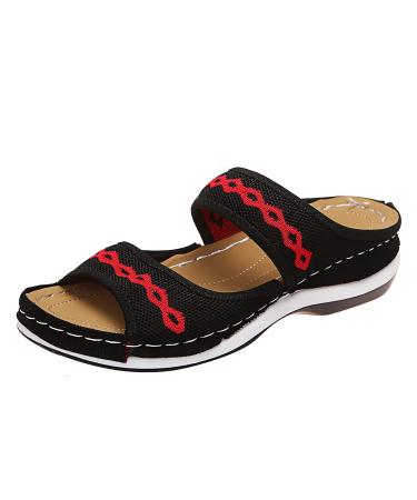 Leather Orthopedic Arch Support Sandals Diabetic Walking Cross Sandals - 2023 New Women Casual Orthotic Low Wedge Sandals  Rubber Slides Comfort Wear Ortho Shoes for Women Wide Width Slippers 10 Black