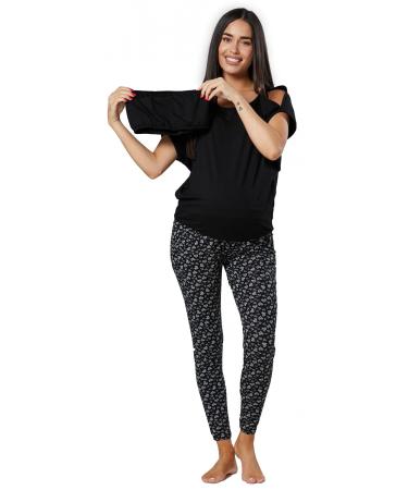 HAPPY MAMA Women's Maternity Breastfeeding Lounge Top Joggers Pyjamas Set 1024p 10 Black and Black With Hearts