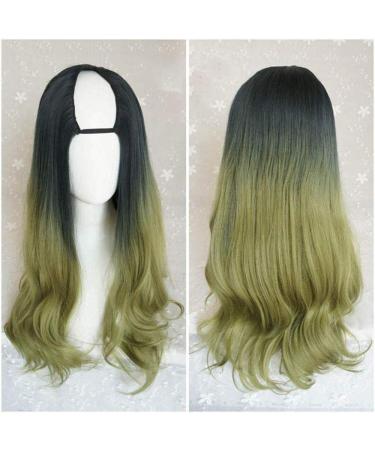 Harajuku Fashion Long Wavy Curly Fluffy U Shaped Wigs Heat Resistant Synthetic Fibre Mixed Gradient Dark Roots Hair for Girls 28inches H B B B