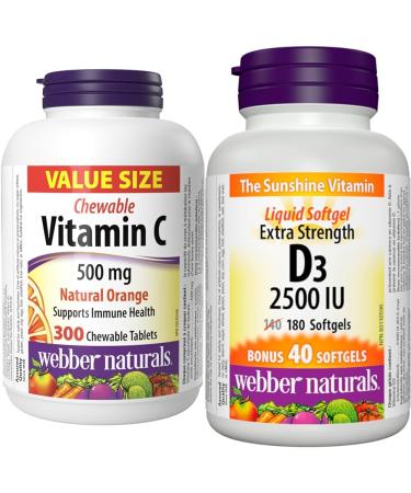 Webber Naturals Vitamin C Chewbale 500 mg 300 Orange Flavour Tablets For Bones Teeth & Vitamin D3 2500 IU Extra Strength 180 Softgels For Healthy Bones Teeth