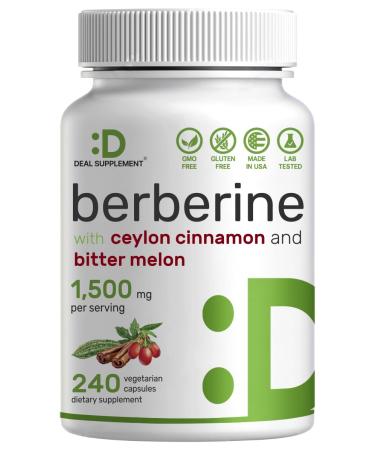 Berberine Supplement 1500mg Per Serving | 240 Veggie Capsules Plus Ceylon Cinnamon & Bitter Melon 97% Berberine HCL Support Glucose Metabolism & Weight Management