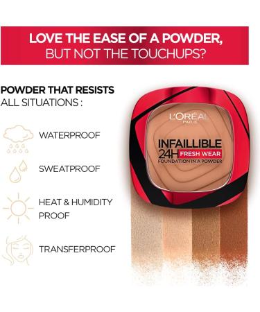 L'Oreal Paris Infallible 24H Fresh Wear Powder Foundation - Rose Sand 180 | Longwear, Water-proof & Transfer-proof Full Coverage Formula - 9g - Buy Online on SooperMarket.com