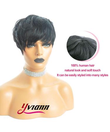 Yviann Short Black Wavy Pixie Cut Human Hair Wig with Bangs for Women - 1B Color - Buy Online on SooperMarket.com