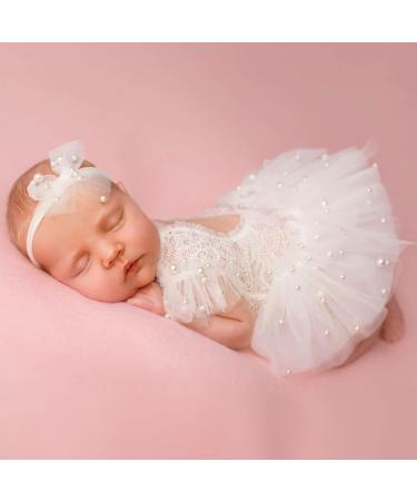 M&G House White Lace Newborn Photography Outfits Girl Newborn Photography Props Pearl Lace Rompers Newborn Girl Lace Romper Photoshoot Outfits Halloween (Short Sleeve, White, 0-2Months) 01 White, Short Sleeve(0-2 months)