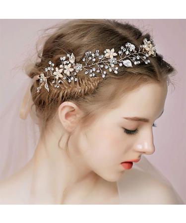 Deniferymakeup Bridal Silver Pearl and Crystal Beads Flower Leaf Bridal Hair Vine Wedding Head Piece Rhinestone Hair Piece Bridal Hair Accessories Headband Hair Jewelry Hair Accessories