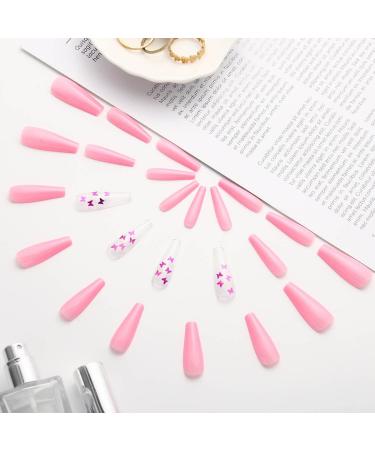 Aksod Pink Gradient Press on Nails with Butterfly Glitter Long Square Coffin False Nails for Women and Girls - Buy Online on SooperMarket.com