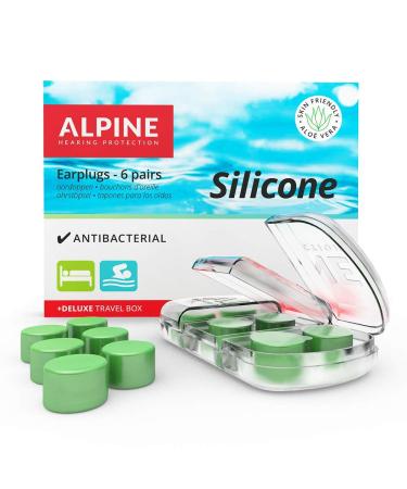 Alpine silicone earplugs for sleeping and swimming with antibacterial silver & aloe vera - protects the ears from wind and water - dampens snoring sound & improves sleep - 6 pair + box