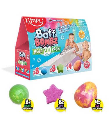 20 x Bath Bombs Mega Value Pack from Zimpli Kids Create a Colourful Fizzing Bath Time Adventure Bath Fizzers Gift Set for Children Birthday Presents for Boys & Girls Organic Moisturising Vegan Baff Bombz Mega Pack