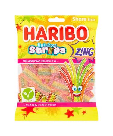Rainbow Strips Zing Gummy Sugar Coated Sweets Fizzy Belts Strawberry Apple Lemon Tropical 130g - 2x Share Bags