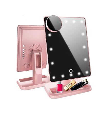Hansong Vanity Makeup Mirror with Lights Bluetooth Lighted Mirror with 20 LEDs  Touch Screen Wireless Audio Speaker Detachable 10x Magnification Rechargeable Power Rose Gold