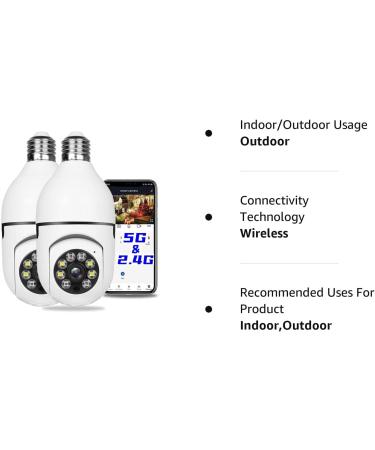 2Pcs 1080P E27 Light Bulb Security Camera Set | Indoor/Outdoor 360 Home Security Cameras | 2.4GHz & 5G WiFi | Full Color Day/Night | Smart Motion Detection | Support 5G (2PCS) - Buy Online on SooperMarket.com
