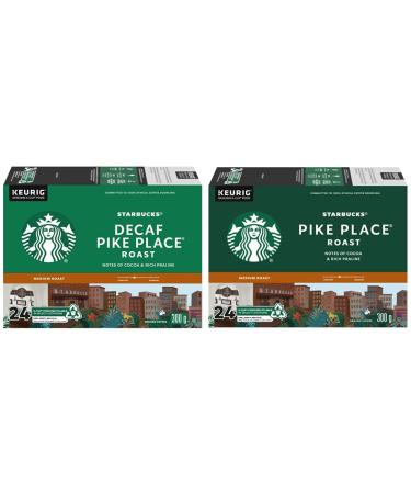 STARBUCKS PIKE PLACE Decaf Roast Medium Roast Ground Coffee K-CUP Pods 24 ct Box & Pike Place Medium Roast K-Cups Single Serve Keurig Compatible Coffee Pods for Keurig Brewers - 24 Capsules