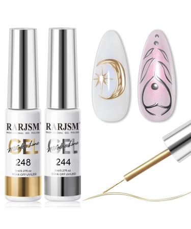 RARJSM Metallic Gel Liner Nail Art Silver Bronze Gold 2pcs Set Mirror Chrome 3D Effect Gel Nail Polish 8ml Build in Thin Brush Metal Painted Drawing Stripper Gel Polish Curing Requires for Home Salon Metallic Silver Bronze Gold