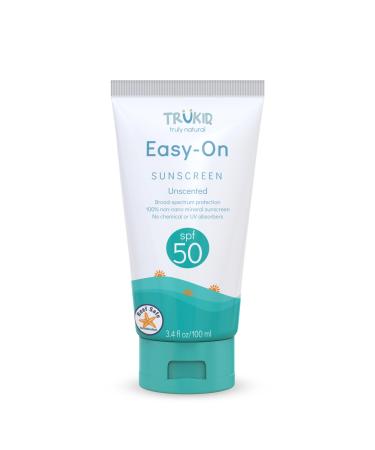 TruKid Easy On Mineral Sunscreen SPF 50 - Kids & Baby Sunscreen for Face & Body Sunblock Protection for Sensitive Skin Unscented 3.4oz SPF50 Easy On