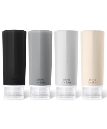OPRET 4 pieces silicone travel bottles set 100ml travel bottles for filling cosmetics shampoo liquids leak -proof refilled empty rice set Travel size container travel bottles set travel kit 4x100ml black white gray lead color