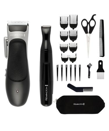 Remington Hair Clipper and Detail Trimmer (25 Piece kit incl. 6 Sectioning Clips 6 Comb attachments (3mm-25mm) Ear Taper Combs Scissors Storage Pouch etc. 40 Minutes Cordless Usage) HC367