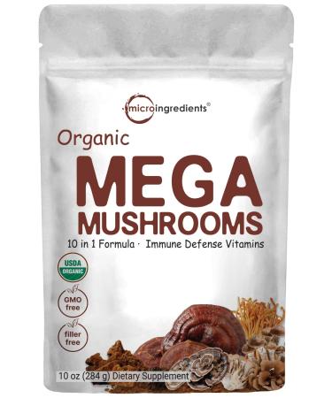 Sustainably US Grown, Organic Mega Mushroom 10 in 1 Complex Formula Powder for Immune System Booster, 10 Ounce (284 Days Supply), Chaga, Lions Mane, Cordyceps, Reishi & More, Filler Free, Vegan