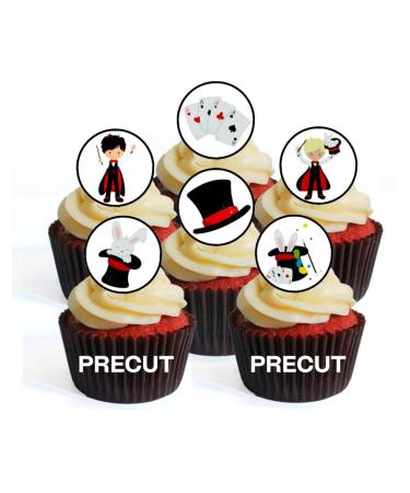 PRECUT 24 Magician Boy Theme Edible Cupcake Toppers - Premium Thickness SWEETENED VANILLA - Stand Up Disc Wafer Cake Decorations