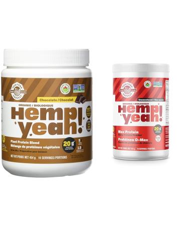 Manitoba Harvest Hemp Yeah! Org Protein Blend-Chocolate 454g & Hemp Organic Max Protein Powder Unsweetened 454g with 20g protein and 4.5g Omegas 3/6 per Serving
