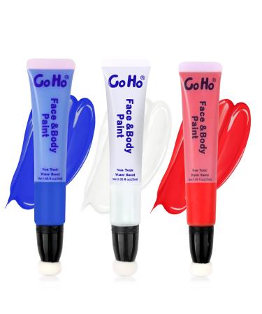 Go Ho Red White and Blue Face Body Paint Stick Water Based Cream Washable Face Paint Clown Makeup Easy to Use with Cushion Applicator Halloween Cosplay SFX Makeup 4th of July Accessories Royal Blue + White + Red