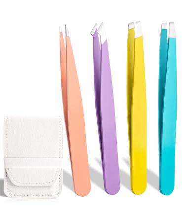 Mabox Professional Tweezers for Facial Hair Women & Men 4 Pcs Stainless Steel Slanted and Pointed Eyebrow Tweezers Set Precision Slant Tweezers for Eyebrows Facial Hair Ingrown Hair White