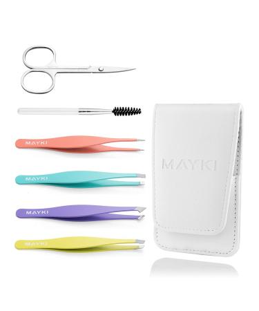 Tweezers for Facial Hair Women 6pcs Full Size Professional Eyebrow Tweezers Kit Precision Tweezers Set for Eyebrow/Ingrown Hairs/Splinter/Facial Hair Removal Stainless Steel Women Tweezers by MAYKI Multicoloured