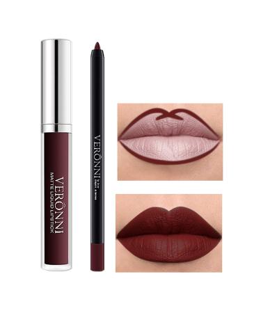 VERONNI Lip Liner Pencil and Lipstick Set  Waterproof Liquid Lipstick with Lip Liner Pen Long Lasting Matte Lip Gloss Nonstick Cup Lip Stick Set (13)