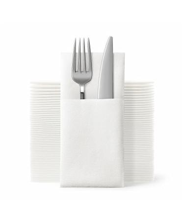 JEBBLAS Disposable Cloth Like Napkins Built-in Flatware Pocket Wedding Party Linen Feel White Napkin Prefolded for Silverware 50 Count 50 Pack