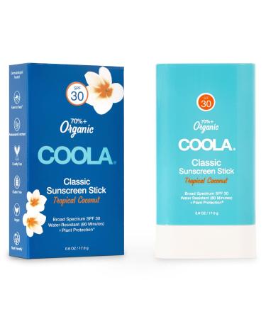 Coola Classic Stick SPF 30 70 Percent + Organic Sunscreen with Broad Spectrum UVA/UVB Protection Water Resistant and Non Greasy Formula Tropical Coconut 17 g