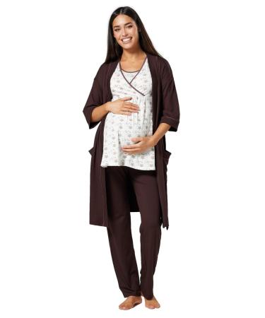 HAPPY MAMA Women's Maternity Nursing 3pcs Nightwear Set: Pants - Top - Robe 558p 10 Ecru With Stars & Brown