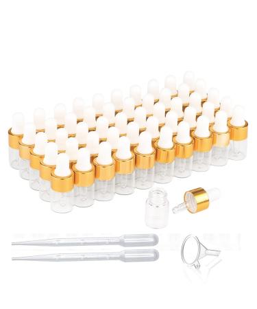 50 Pcs Mini Dropper Bottles Empty Glass Tincture Bottles with Golden Caps Perfume Sample Vials for Essential Oils&Body Oil&Liquids Traveling DIY Containers Included Pipette&Funnel (2ml)