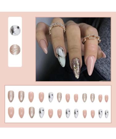 JUSTOTRY 24 Pcs Short Marble Stiletto False Nails - Nude French Glitter Press On Nails with Nail Glue - Trendy Almond Stick On Nails for Women - Buy Online on SooperMarket.com