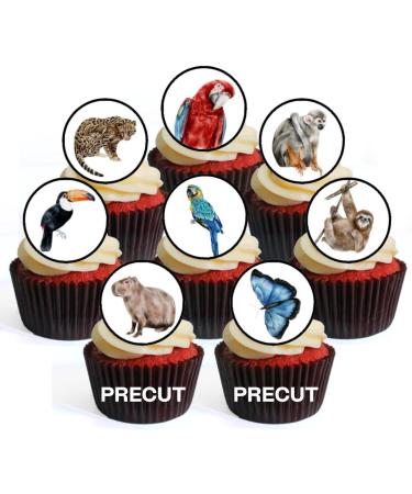 PRECUT Rainforest Animals Edible Cupcake Toppers - Jungle Animals Theme Premium Thickness SWEETENED VANILLA - wafer card disc cake decorations (Pack of 24)