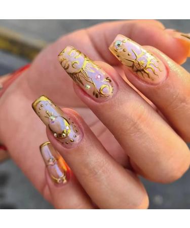 RUNRAYAY Golden Press On Nails Square Medium Coffin Fake Nail False Nails with Bright Sun Design Matte Full Cover Stick On Nails for Women And Girls AA