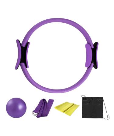 Alettous 5-part Pilates ring set 14 "Yoga Fitness Magic Circle Pilates equipment kit for home training including ball stretch belt extension belt and training ring for fitness violet