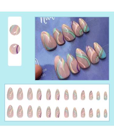 Rainbow Glitter Almond Short False Nails Set | 24 pcs French Press On | Multi Colour Fake Nails with Nail Glue | Pastel Oval Medium Stick On Nails for Women - Buy Online on SooperMarket.com