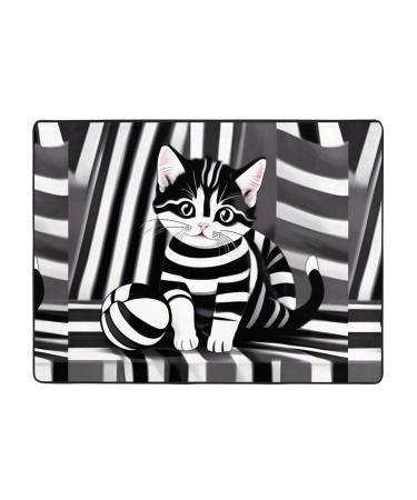 Black and White Striped Kitten Flannel Non-Slip Floor Mat - Comfortable Lint-Free Relieving Foot Pressure Suitable for Many Occasions Size: 63x48 Inches