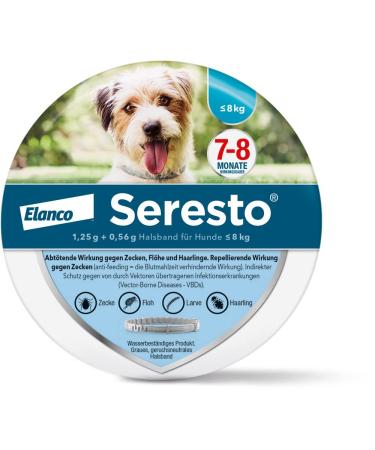 Seresto Elanco collar for small dogs up to 8 kg: 7 to 8 months effective protection against ticks and fleas length 36 cm 1.25 g + 0.56 g