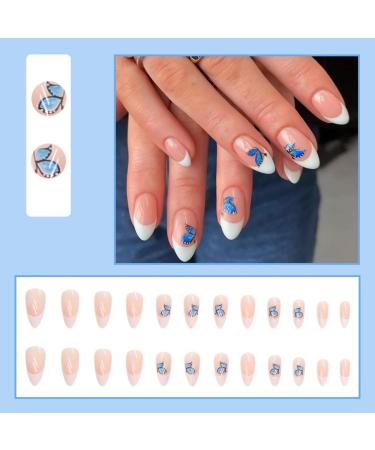 Justotry 24 Pcs Butterfly Almond Short False Nails | Milky White French Press on Nails | Nude Fake Nails with Nail Glue | Stiletto Medium Stick on Nails for Women - Buy Online on SooperMarket.com