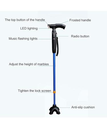 Adjustable Walking Stick Blue Smart Anti Slip Quad Cane for Seniors with Radio for Elderly LED Guide Light - Buy Online on SooperMarket.com