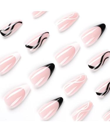 Justotry 24 Pcs Black and White Swirl Almond False Nails - Trendy French Press Design | Nail Glue Included - Oval Medium Stick on Nails for Women - Buy Online on SooperMarket.com
