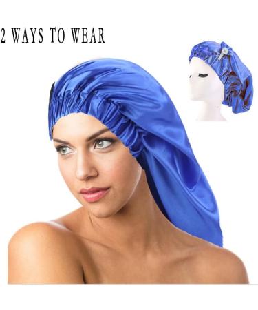LadayPoa 2 Pcs Long Satin Sleep Cap for Women - Black+Blue | Silky Bonnet for Curly Hair Protection - Buy Online on SooperMarket.com