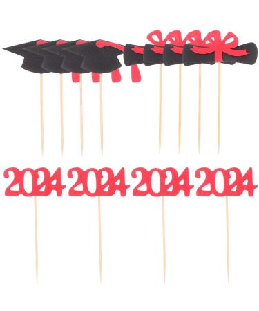PRETYZOOM 12pcs 2024 Graduation Season Cake Insert Top Hat Paper Decorations Dessert Red