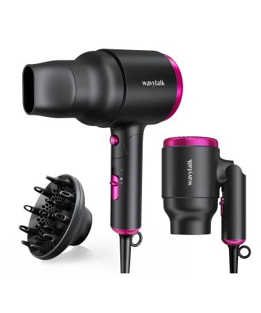 Wavytalk Mini Hair Dryer with Diffuser 1600W Foldable Hair Blow Dryer Lightweight Diffuser Hair Dryer for Curly Hair Black