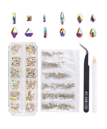 Brensty Nail Art Set Irregular Crystal Diamond Round Rhinestones Flat Bottom Curved Black Tweezer Nipper Wax Dotting Pen Tools