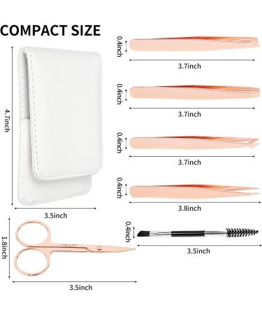 Precision Eyebrow Tweezers Set Pack of 6 - Rose Gold Tweezers Scissors Brush Kit for Women - Facial Hair Removal and Ingrown Hair - Includes Leather Case - Perfect Gift Item - Buy Online on SooperMarket.com