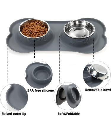 Stainless Steel Double Pet Feeder Bowls with Non-Skid Silicone Mat - Set of 2 Bowls for Dogs and Cats - Small-Medium Size - Grey - Buy Online on SooperMarket.com